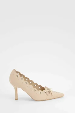 Heels*boohoo Bow Detail Eyelet Court Heels nude