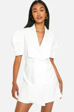 Blazer Dresses*boohoo Bow Detail Puff Sleeve Blazer Dress white