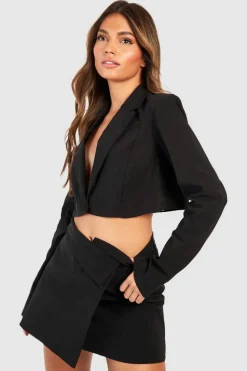 Up To 80% Off Winter Warmers*boohoo Boxy Cropped Blazer & Waist Detail Mini Skirt black