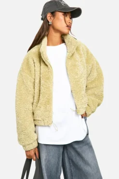 Up To 80% Off Winter Warmers|Bomber Jackets*boohoo Boxy Curly Teddy Bomber Jacket green