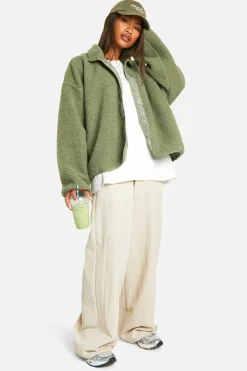 Up To 80% Off Winter Warmers|Bomber Jackets*boohoo Boxy Teddy Jacket sage