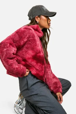 Up To 80% Off Winter Warmers|Bomber Jackets*boohoo Boxy Tie Dye Print Teddy Bomber Jacket red