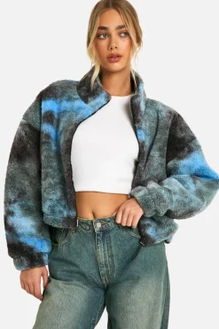 Up To 80% Off Winter Warmers|Bomber Jackets*boohoo Boxy Tie Dye Print Teddy Bomber Jacket navy