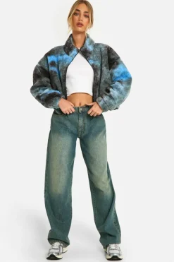 Up To 80% Off Winter Warmers|Bomber Jackets*boohoo Boxy Tie Dye Print Teddy Bomber Jacket navy