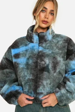 Up To 80% Off Winter Warmers|Bomber Jackets*boohoo Boxy Tie Dye Print Teddy Bomber Jacket navy