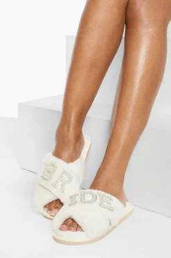 Slippers|Slippers*boohoo Bride Embellished Slippers cream