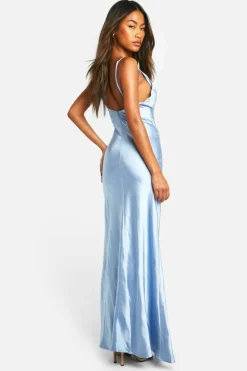 Maxi Dresses*boohoo Bridesmaid Satin Asymmetric Maxi Dress blue