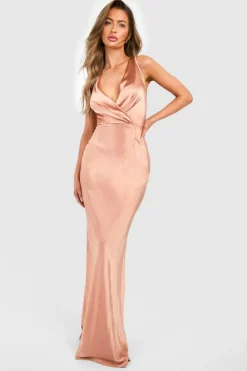 Wrap Dresses*boohoo Bridesmaid Satin Cowl Wrap Front Maxi Dress copper