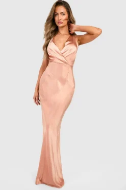 Wrap Dresses*boohoo Bridesmaid Satin Cowl Wrap Front Maxi Dress copper