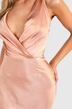 Wrap Dresses*boohoo Bridesmaid Satin Cowl Wrap Front Maxi Dress copper