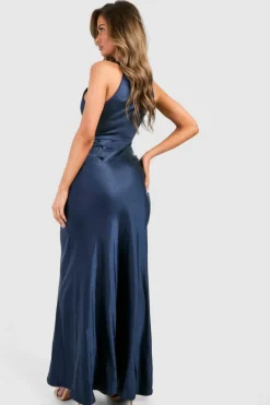 Wrap Dresses*boohoo Bridesmaid Satin Cowl Wrap Front Maxi Dress navy