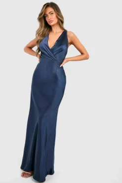 Wrap Dresses*boohoo Bridesmaid Satin Cowl Wrap Front Maxi Dress navy