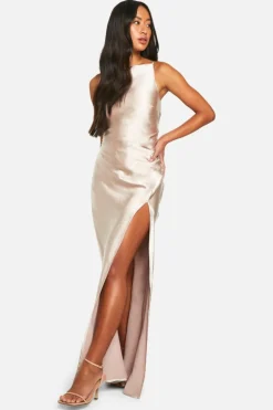 Maxi Dresses*boohoo Bridesmaid Satin Slash Neck Maxi Dress oyster
