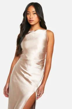 Maxi Dresses*boohoo Bridesmaid Satin Slash Neck Maxi Dress oyster