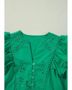 Shirt Dresses*Azura Exchange Bright Green Embroidered Ruffled Trim 3/4 Sleeve V Neck Mini Dress Multi