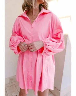Shirt Dresses*Azura Exchange Bright Pink Balloon Sleeve Button Up Mini Shirt Dress Multi