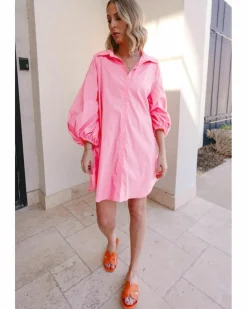 Shirt Dresses*Azura Exchange Bright Pink Balloon Sleeve Button Up Mini Shirt Dress Multi