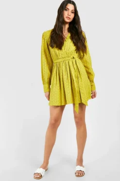 Skater Dresses*boohoo Broderie Belted Mini Dress olive