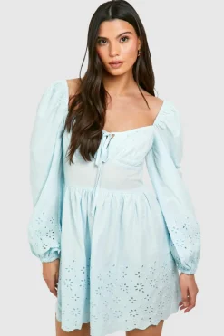 Skater Dresses*boohoo Broderie Sweetheart Neck Mini Dress blue
