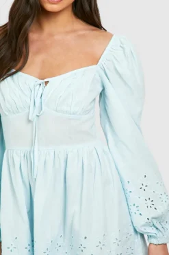 Skater Dresses*boohoo Broderie Sweetheart Neck Mini Dress blue