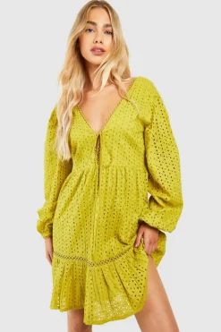 Smock Dresses*boohoo Broderie V Neck Mini Dress olive