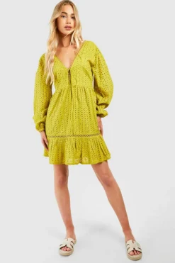 Smock Dresses*boohoo Broderie V Neck Mini Dress olive