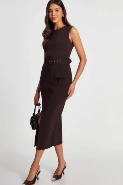 Midi Dresses*Quiz Cargo Split Front Midi Dress Brown