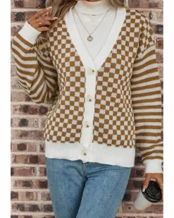 Cardigans*Azura Exchange Checkered Striped Patched Buttoned V Neck Cardigan Brown