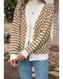 Cardigans*Azura Exchange Checkered Striped Patched Buttoned V Neck Cardigan Brown