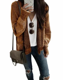 Cardigans*Azura Exchange Chunky Waffle Knit Oversized Collar Cardigan Brown