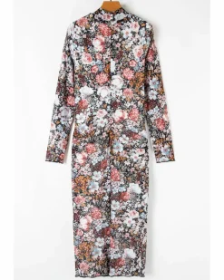 Midi Dresses*Azura Exchange Floral Allover Print Mock Neck Bodycon Long Sleeve Midi Dress Brown