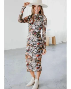 Midi Dresses*Azura Exchange Floral Allover Print Mock Neck Bodycon Long Sleeve Midi Dress Brown
