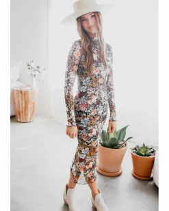 Midi Dresses*Azura Exchange Floral Allover Print Mock Neck Bodycon Long Sleeve Midi Dress Brown