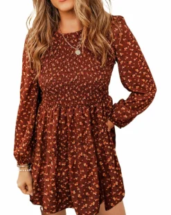 Smock Dresses*Azura Exchange Floral Smocked Bodice Mini Dress Brown