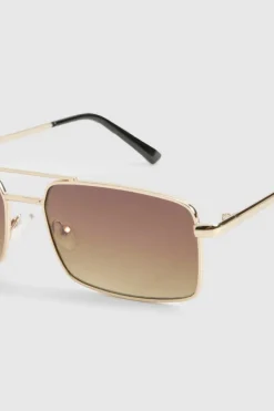 Sunglasses*boohoo Brown Lenses Square Aviator Sunglasses gold