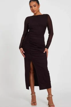 Bodycon Dresses*Quiz Petite Mesh Long Sleeve Midaxi Dress Brown