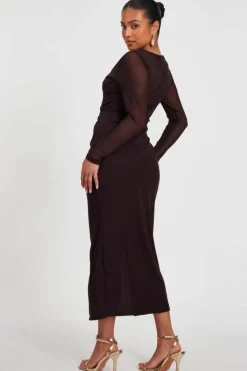 Bodycon Dresses*Quiz Petite Mesh Long Sleeve Midaxi Dress Brown