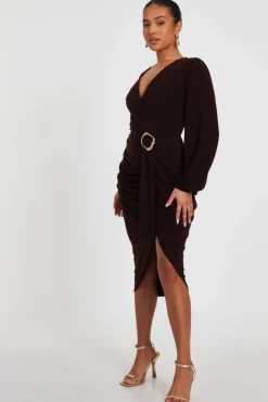 Midi Dresses*Quiz Petite Ruched Midi Dress Brown