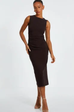 Midi Dresses*Quiz Ruched Midi Dress Brown