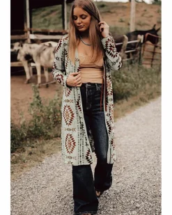 Cardigans*Azura Exchange Western Aztec Printed Open Front Long Cardigan Brown