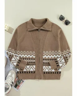 Cardigans*Azura Exchange Western Printed Ribbed Trim Collared Zip up Cardigan Brown