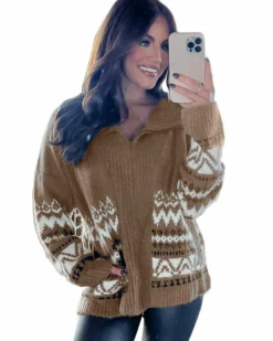 Cardigans*Azura Exchange Western Printed Ribbed Trim Collared Zip up Cardigan Brown