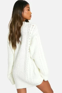Jumper Dresses|Jumper Dresses*boohoo Brushed Knit Cable Detail Slouchy Jumper Dress cream