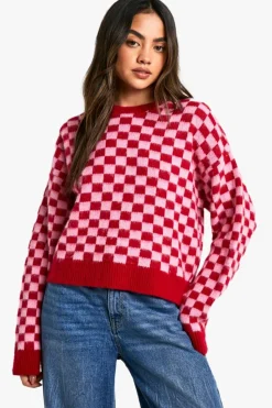 Jumpers|Jumpers & Cardigans*boohoo Brushed Knit Checked Crop Jumper bright pink