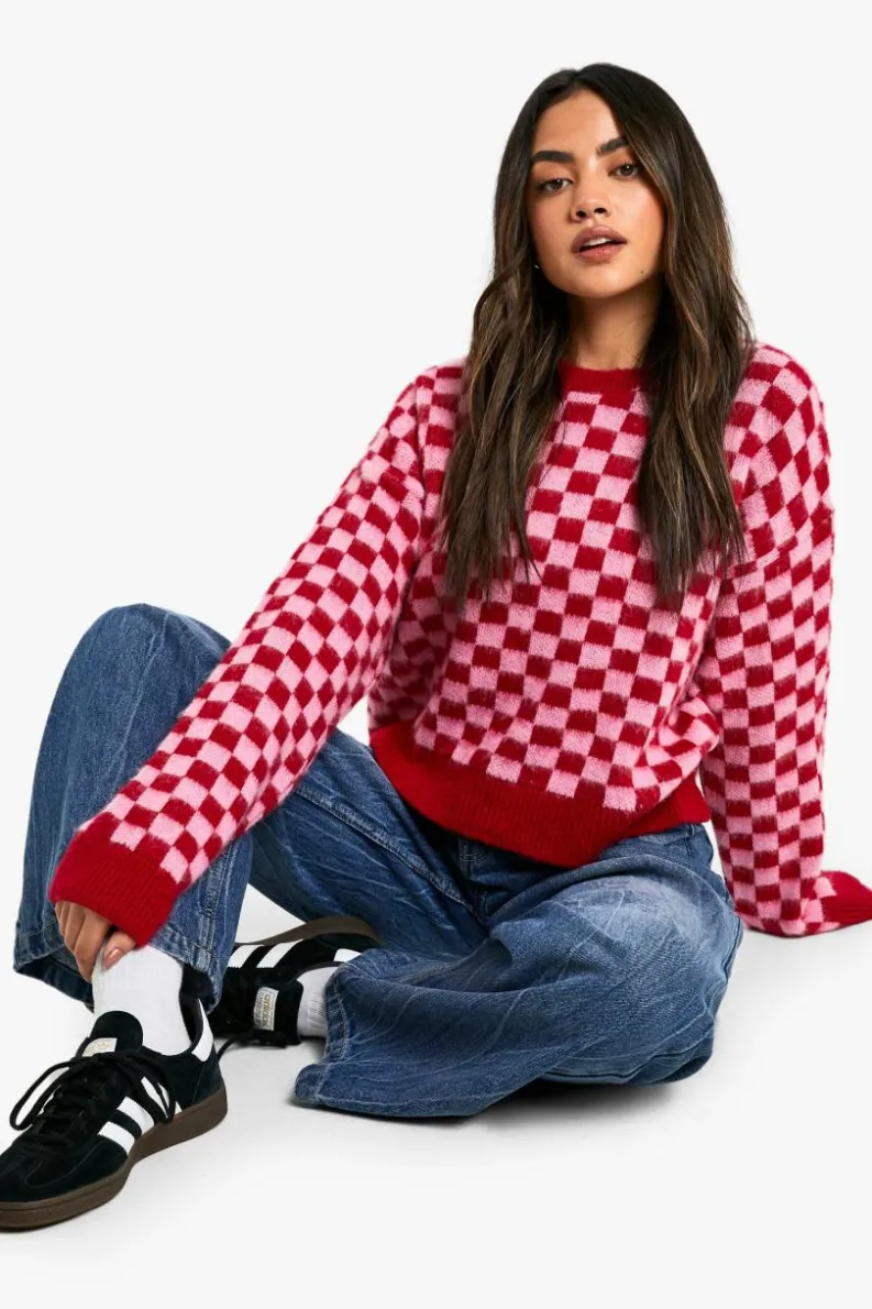 Jumpers|Jumpers & Cardigans*boohoo Brushed Knit Checked Crop Jumper bright pink