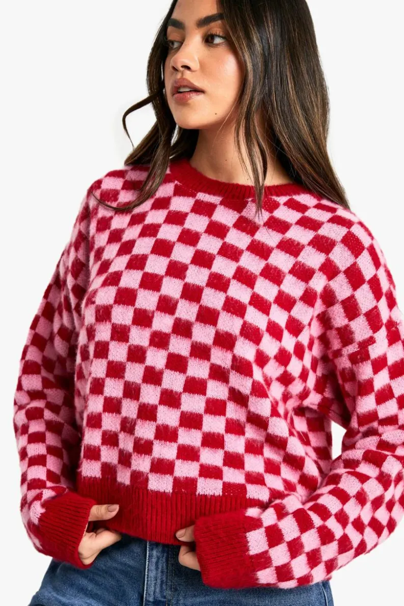 Jumpers|Jumpers & Cardigans*boohoo Brushed Knit Checked Crop Jumper bright pink