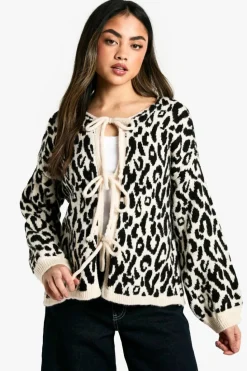 Cardigans|Jumpers & Cardigans*boohoo Brushed Knit Tie Front Leopard Cardigan mono