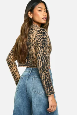 Cardigans|Knitwear*boohoo Brushed Leopard Knitted Cropped Cardigan And Mini Skirt brown