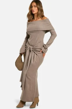 Maxi Dresses*boohoo Brushed Rib Bardot Maxi Dress taupe