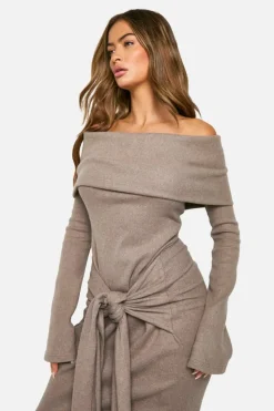 Maxi Dresses*boohoo Brushed Rib Bardot Maxi Dress taupe